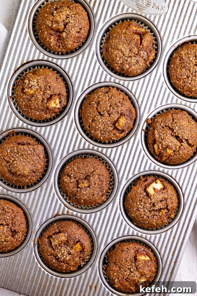 Moist Apple Butter Muffins with Warm Cinnamon Flavor 5 Overhead shot of Healthy apple butter muffins in a muffin pan.