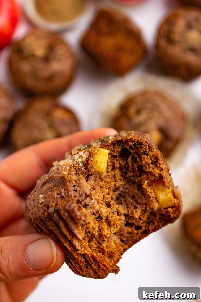 Moist Apple Butter Muffins with Warm Cinnamon Flavor 9 A hand holding up an apple butter muffin with a bite taken out of it.