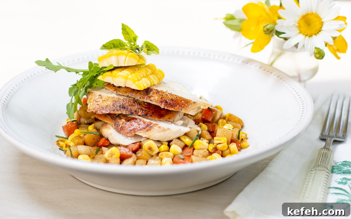 Brick-Pressed Chicken Breasts with Rustic Vegetable Ragoût 2 Sliced brick chicken breast on a Summer vegetable ragout in white bowl