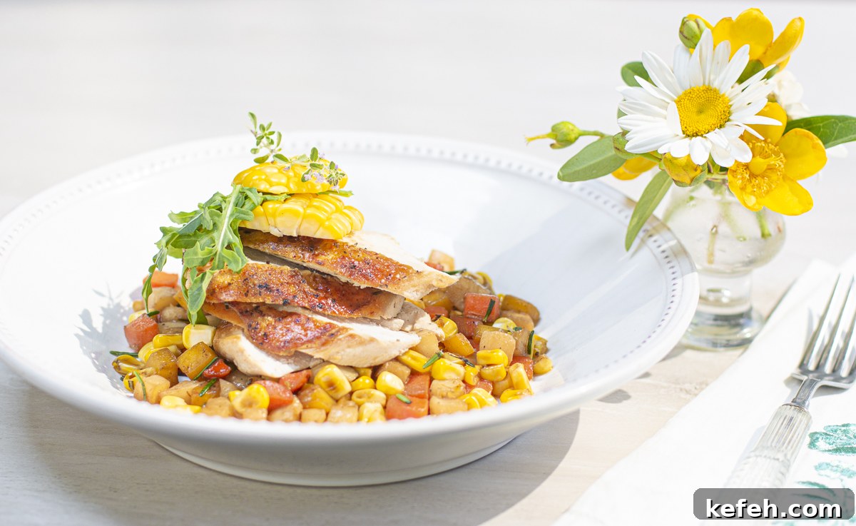 Brick-Pressed Chicken Breasts with Rustic Vegetable Ragoût 11 Sliced brick chicken breast on a Summer vegetable ragout in white bowl