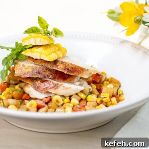 Brick-Pressed Chicken Breasts with Rustic Vegetable Ragoût 12 Sliced brick chicken breast on a Summer vegetable ragout in white bowl