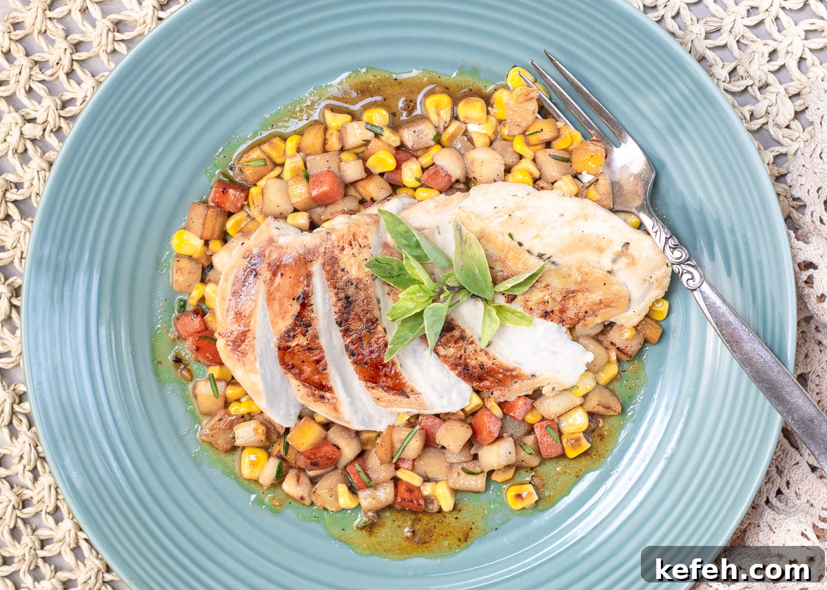 Brick-Pressed Chicken Breasts with Rustic Vegetable Ragoût 3 Sliced "Brick" Chicken over a vegetable ragout