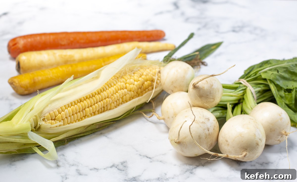 Brick-Pressed Chicken Breasts with Rustic Vegetable Ragoût 6 Vegetables for the ragout - carrots, turnips and corn