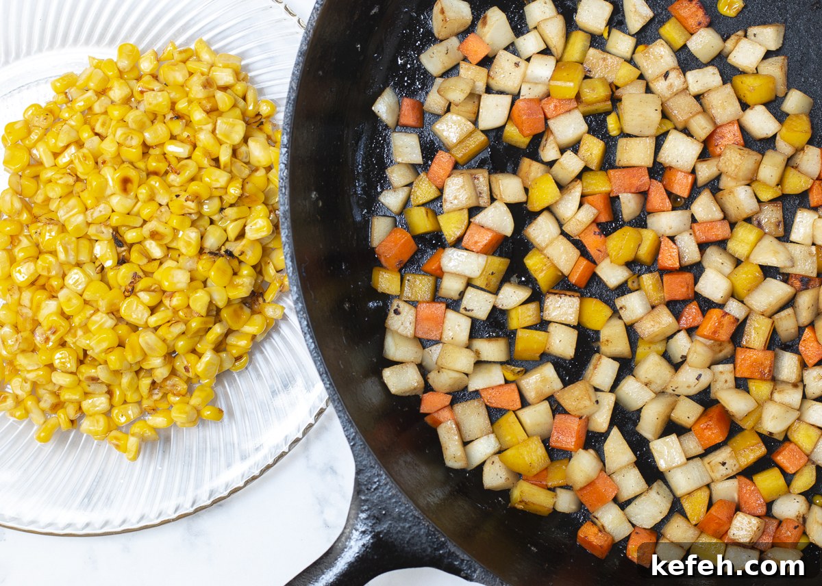 Brick-Pressed Chicken Breasts with Rustic Vegetable Ragoût 8 Cook corn first in the cast iron skillet until golden and "pops" than add remaining vegetables and cook until tender-crisp