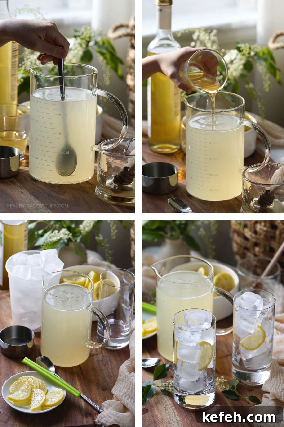 Step-by-step photos (collage) showing hot to make this elderflower lemonade: step 1 - create the lemonade base, step 2 - mix in the elderflower syrup, step 3-diluting with water.