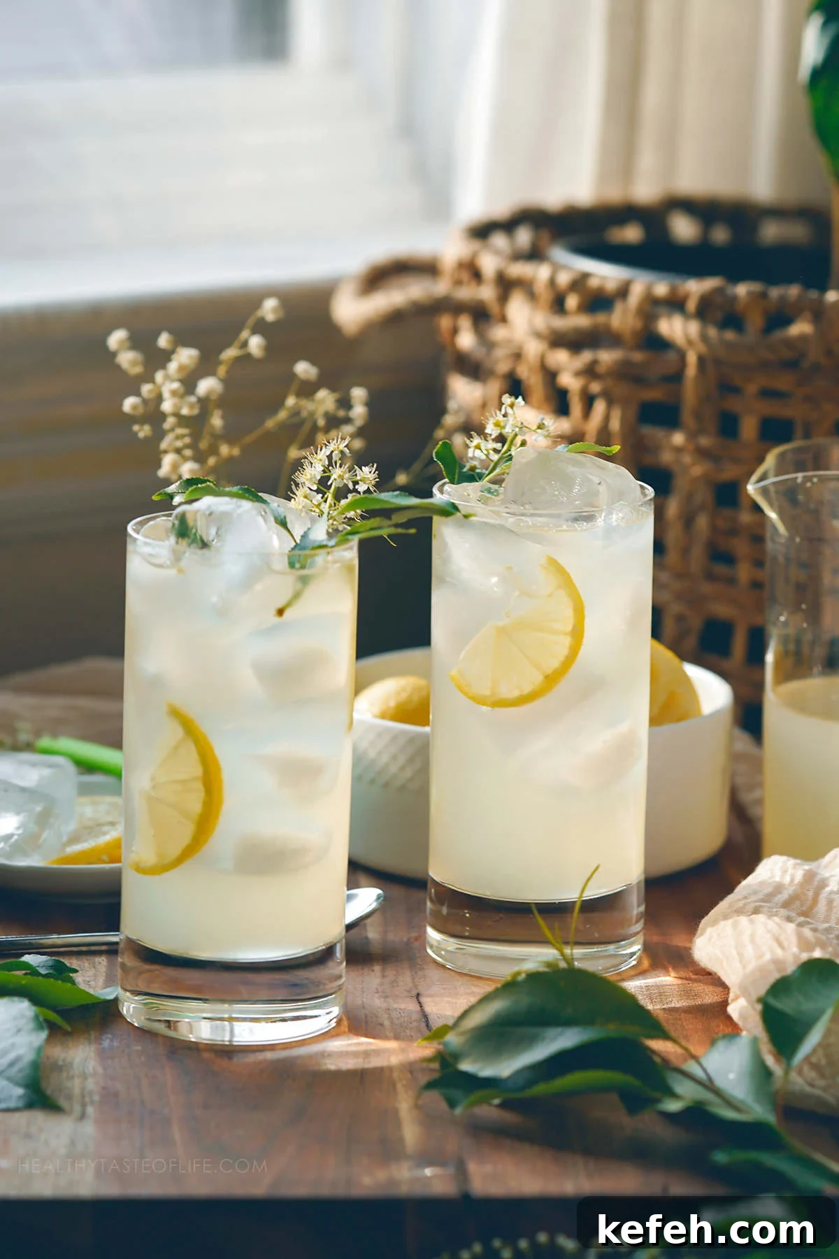 Photo with elderflower lemonade in two glasses by the windows and the sun is shining through the glasses encasing the theme of Delicate Floral Summer Drinks.