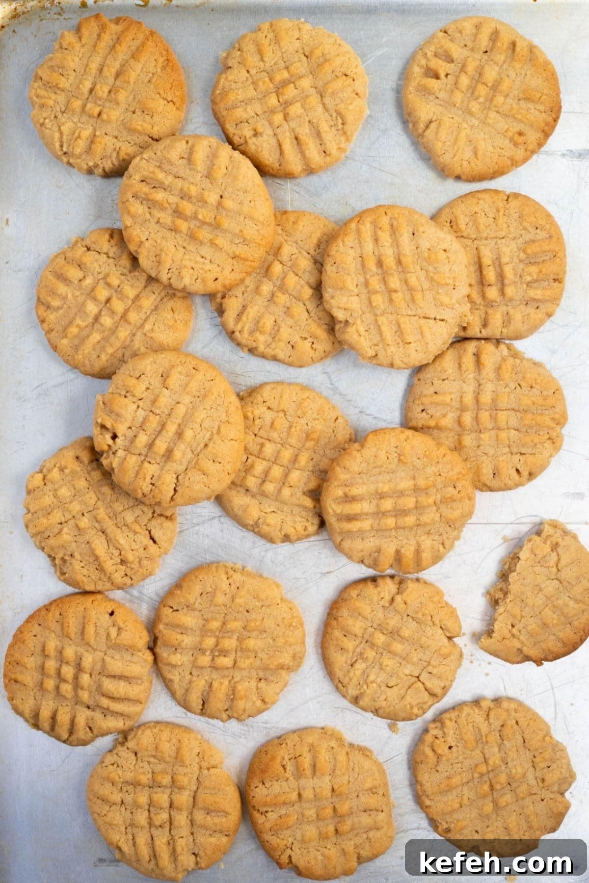 Freshly baked sourdough peanut butter cookies cooling on a baking sheet with one cookie partially eaten.