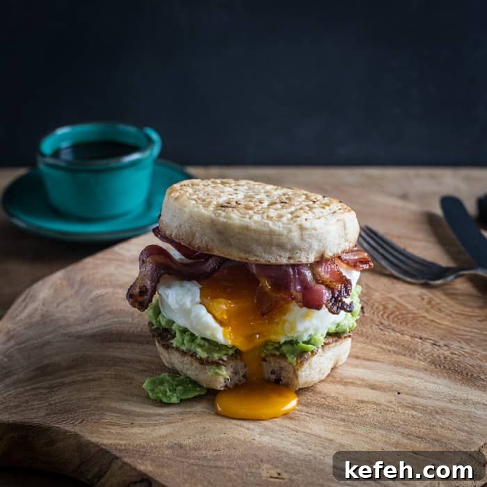 Breakfast Crumpet Burger on a wooden board with a knife and fork and a cup of coffee