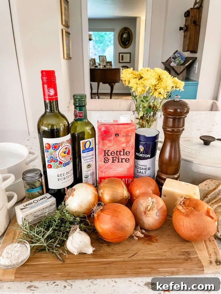 Classic French Onion Soup Recipe: Rich, Comforting Bowl of Flavor 4 The ingredients for the French Onion Soup