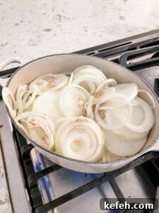 Classic French Onion Soup Recipe: Rich, Comforting Bowl of Flavor 5 The onions when first added to the pot - uncooked and white