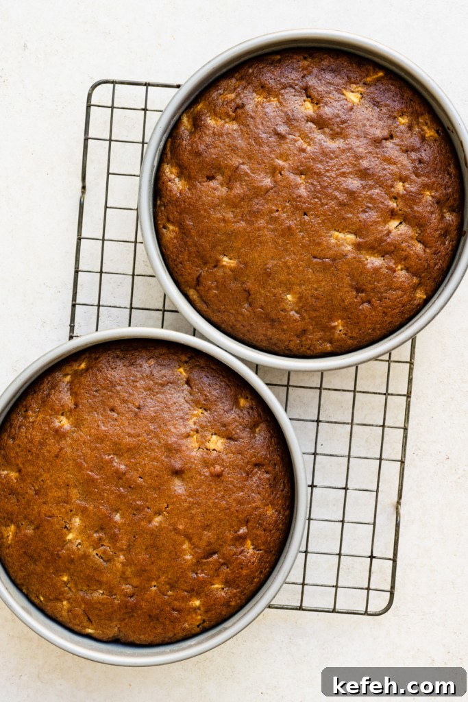 Warm Caramel Apple Spice Cake Recipe 8 Overhead view of two cake layers in cake pans cooling on wire rack.