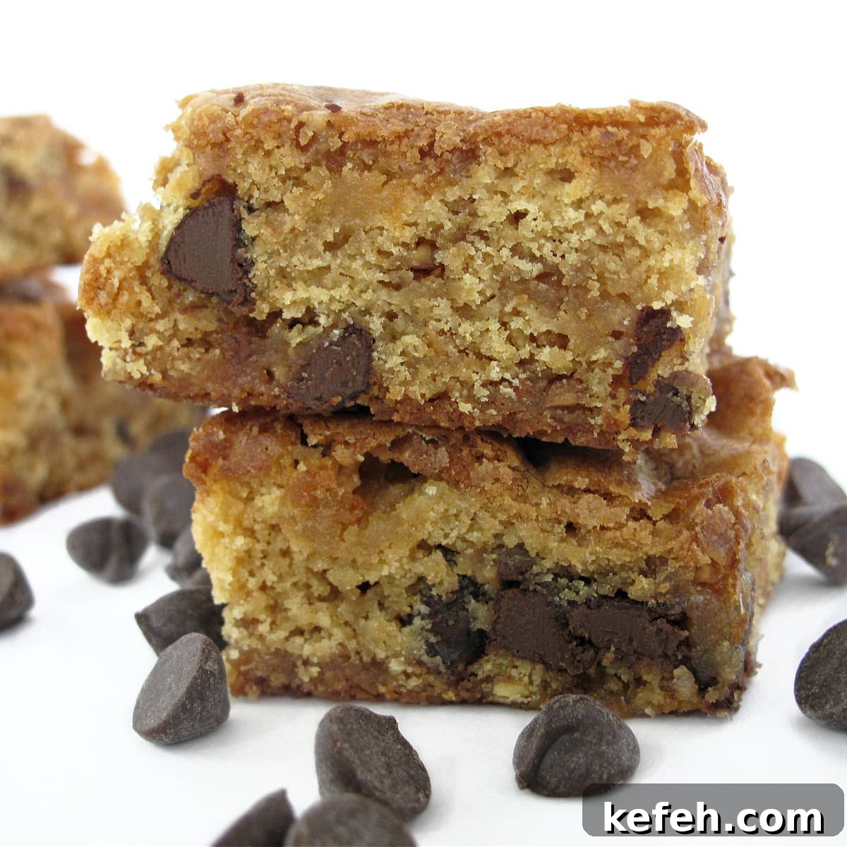 Two stacked Chocolate Chip Cookie Bars. 