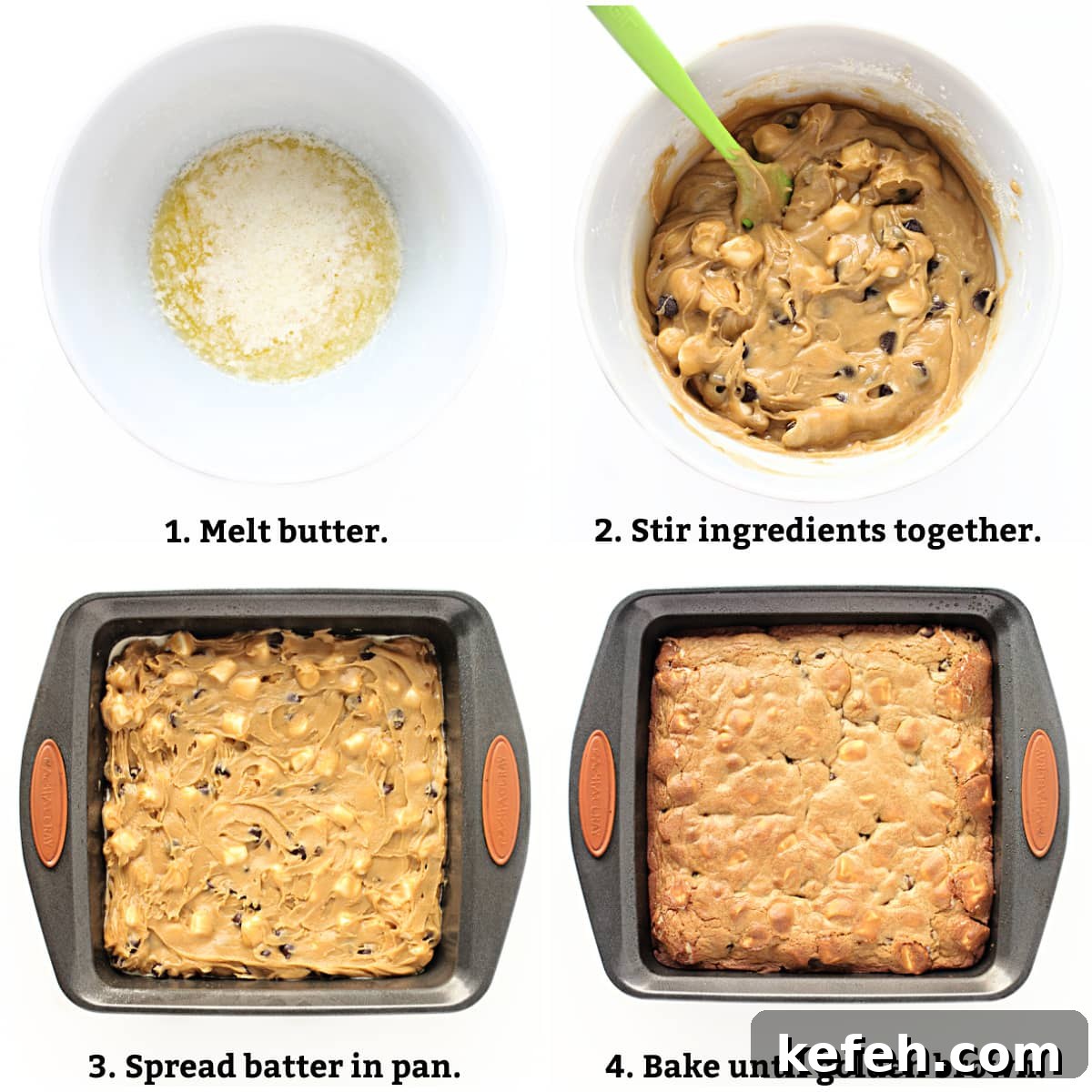 Instructions: melt butter, combine ingredients, spread batter in pan, bake.