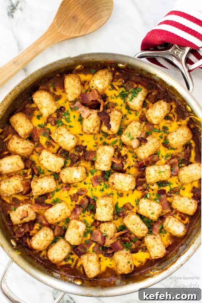 overhead shot of bbq chicken tater tot skillet