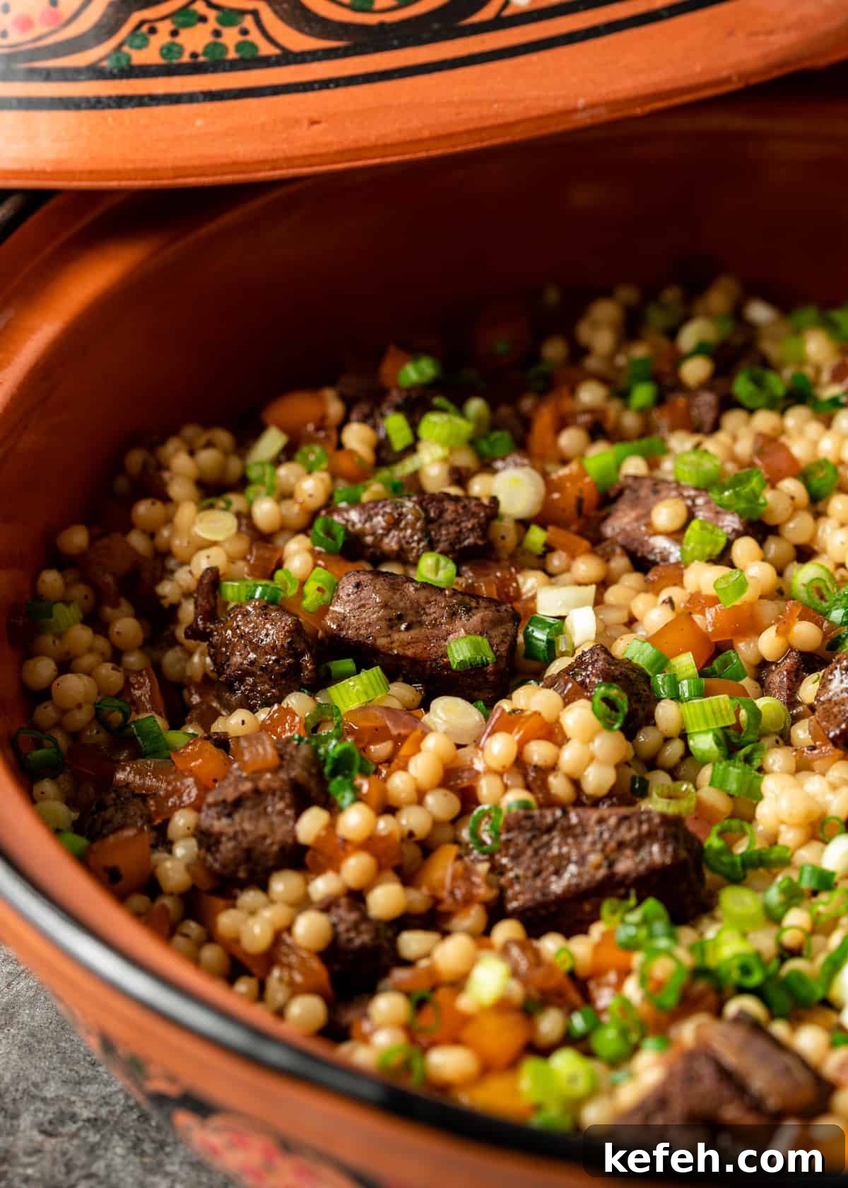 closeup side view: ready to serve pearl couscous recipe