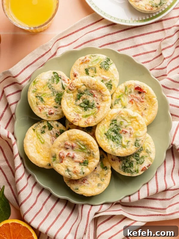 Fluffy Cottage Cheese Omelette Recipe for High-Protein Breakfast 5 10 roasted red pepper egg white bites sitting on a green plate on top of a red stripped towel on a countertop.