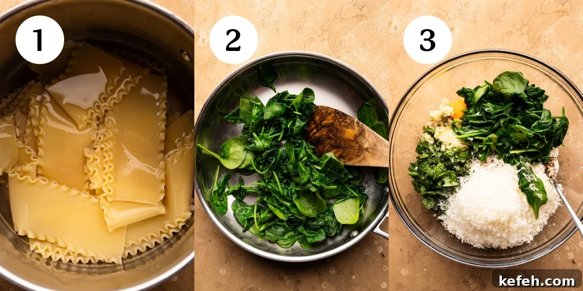 Creamy Classic Spinach Lasagna Recipe for Dinner 4 A collage of three photos showing how to make spinach lasagna. The first photo is cooked lasagna noodles in a pot of water. The second photo is a wooden spoon stirring spinach leaves in a silver pan. The third photo is ricotta filling ingredients for lasagna in a clear glass bowl.