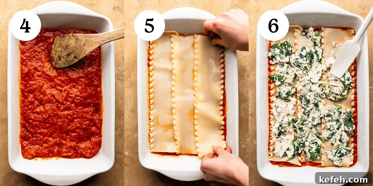 Creamy Classic Spinach Lasagna Recipe for Dinner 5 A collage of three photos. The first photo is a wooden spoon spread red tomato sauce in a white lasagna dish. The second photo is two hands laying cooked lasagna noodles in the same dish over the red sauce. The third photo is a white rubber spatula spreading spinach and ricotta filler over lasagna noodles in the same white dish.