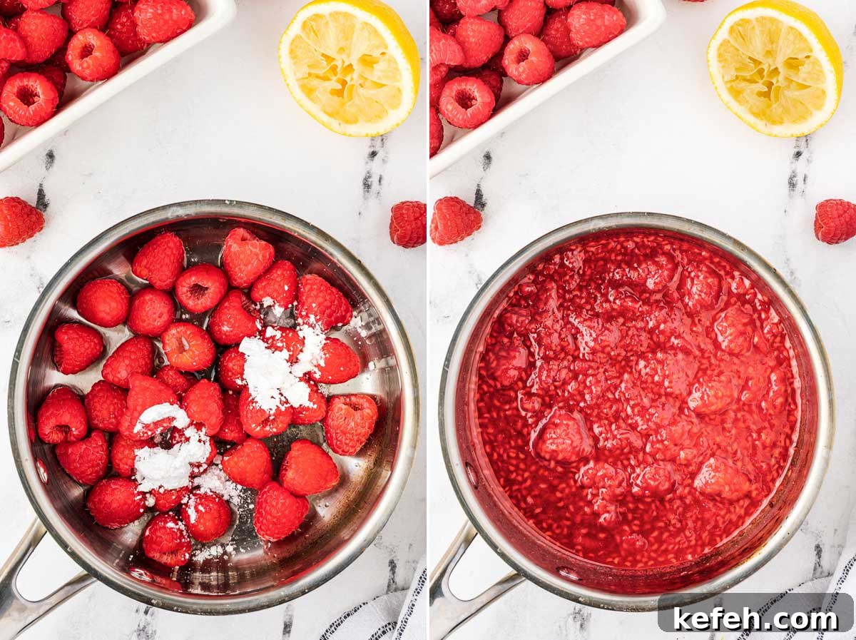 Collage of 2 images showing fresh raspberries, icing sugar and lemon juice in a saucepan, and the ingredients cooked down to a liquid, all on a marble background.
