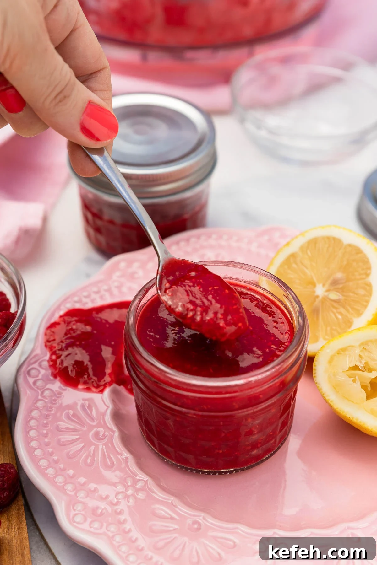Someone spooning raspberry puree out of a small decorative glass jar on a pink decorative plate with lemons at the side and a pink tea towel in the background.