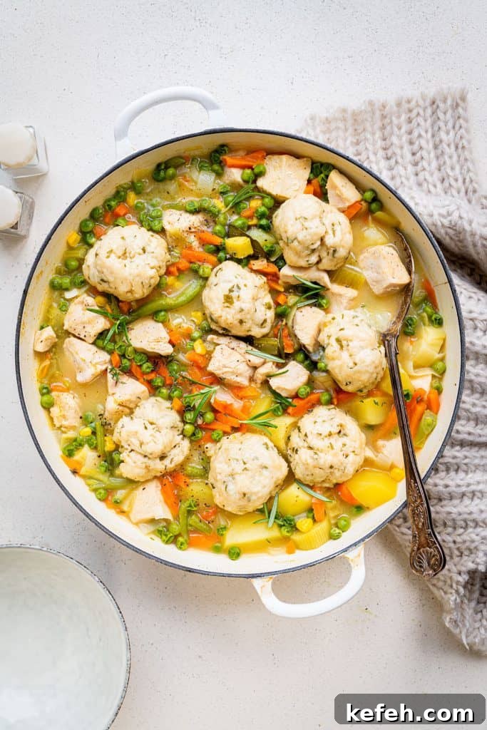 Chicken and dumpling casserole in a cast iron casserole dish