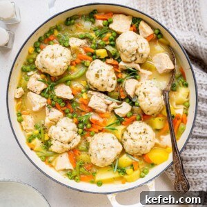 Chicken and dumpling casserole in a cast iron casserole dish