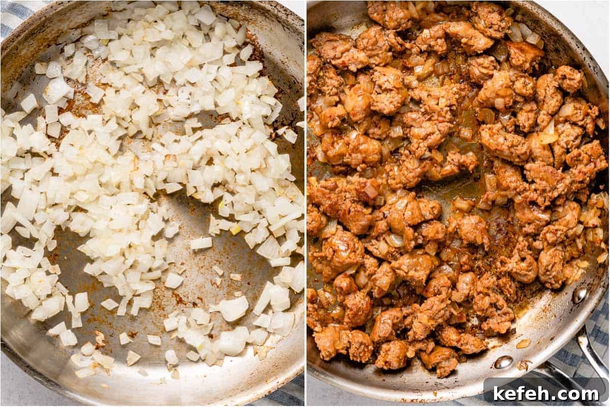 cooked onion in pan on left and cooked onion and sausage in pan on right