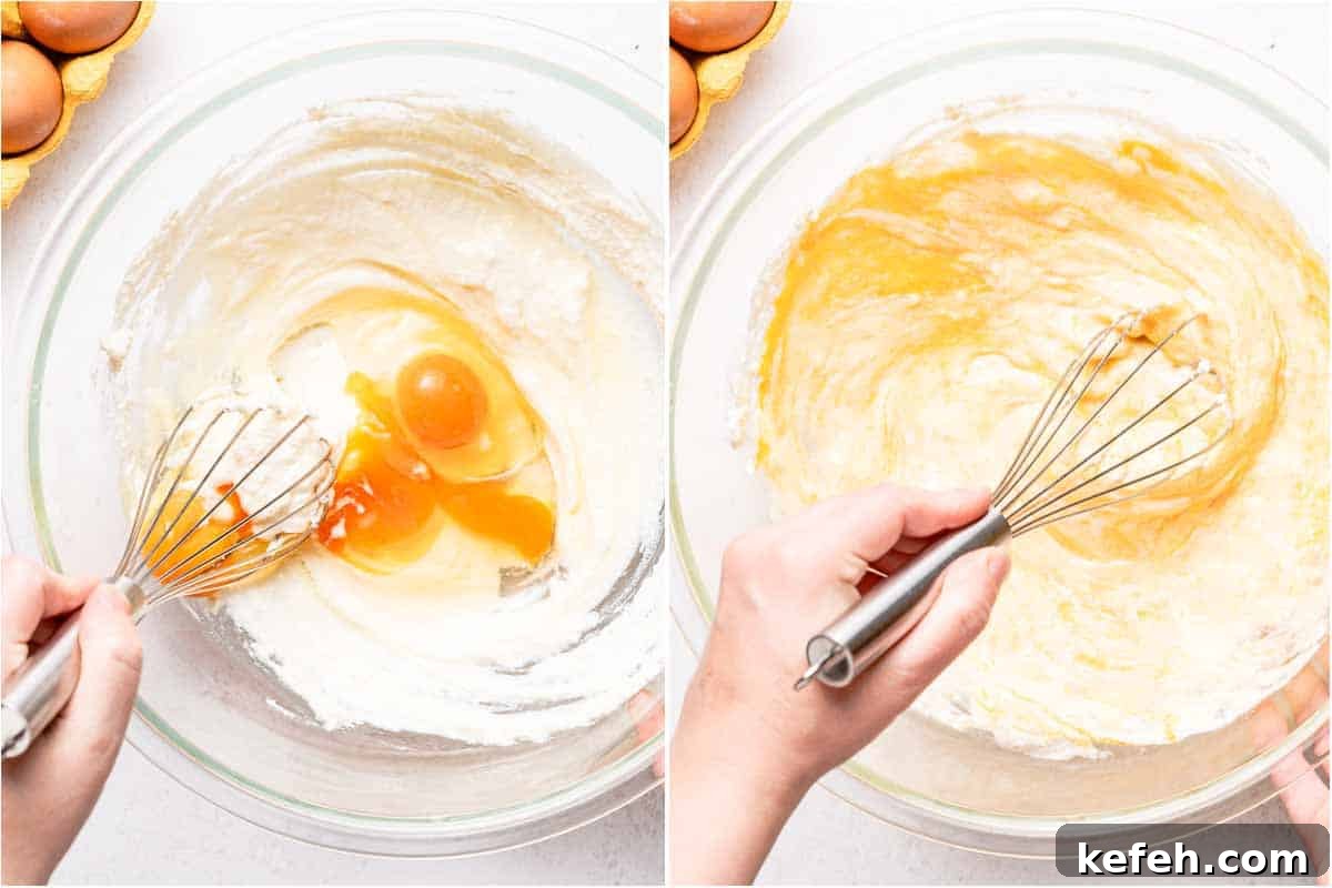 eggs sitting in bowl with ricotta on left and eggs whisked into the ricotta on right