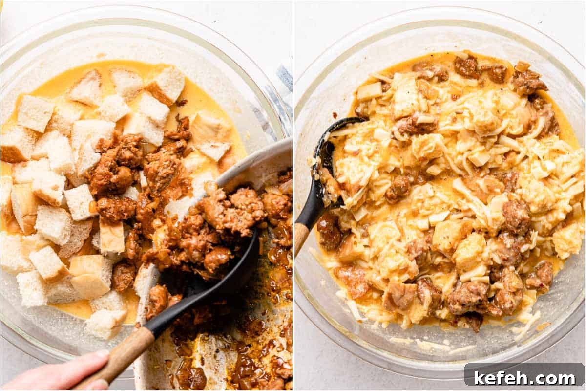 cooked crumbled sausage being scooped from pan into bowl on left and fully mixed casserole ingredients on right