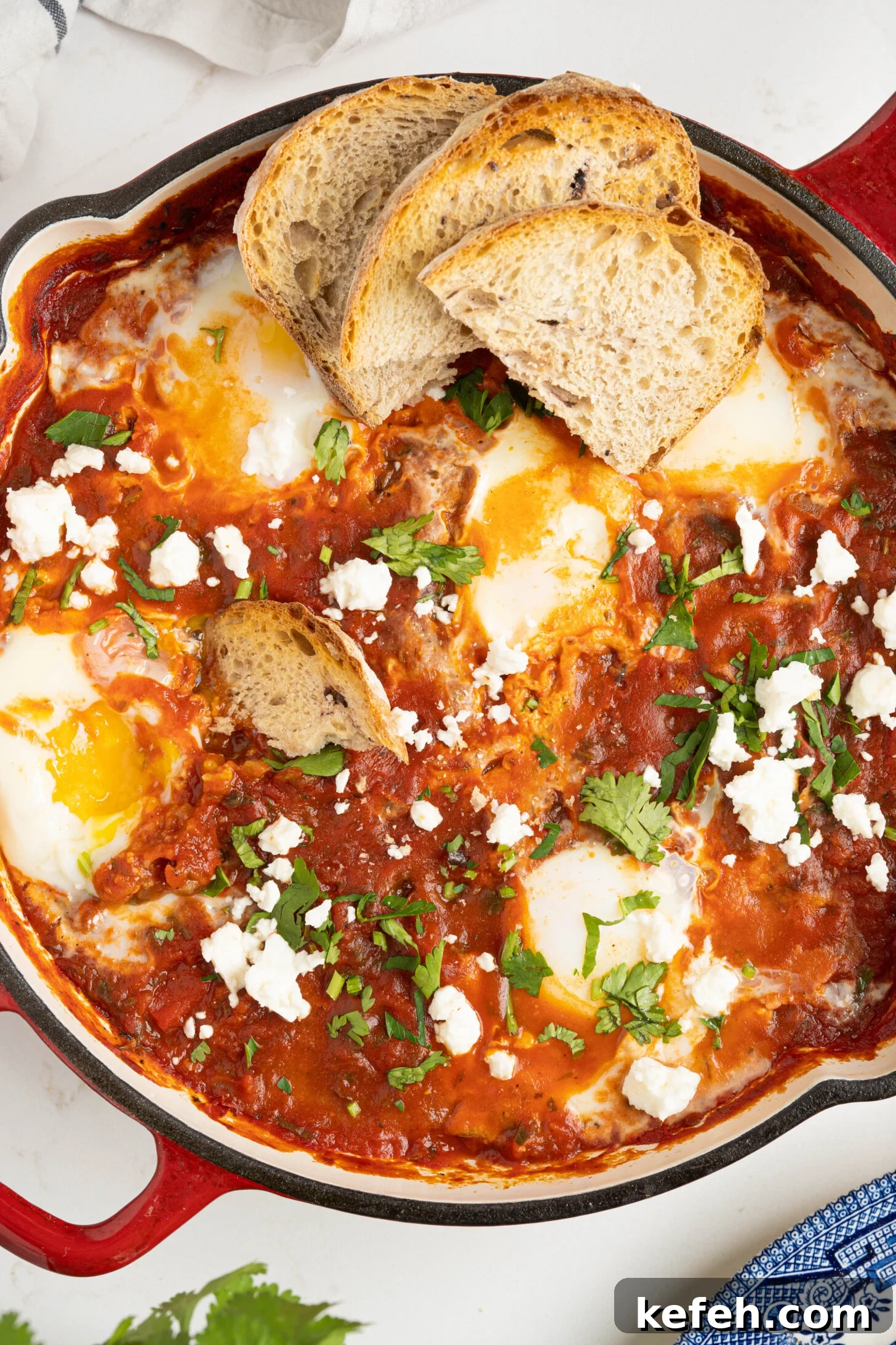 shakshuka in a pan on a white counter