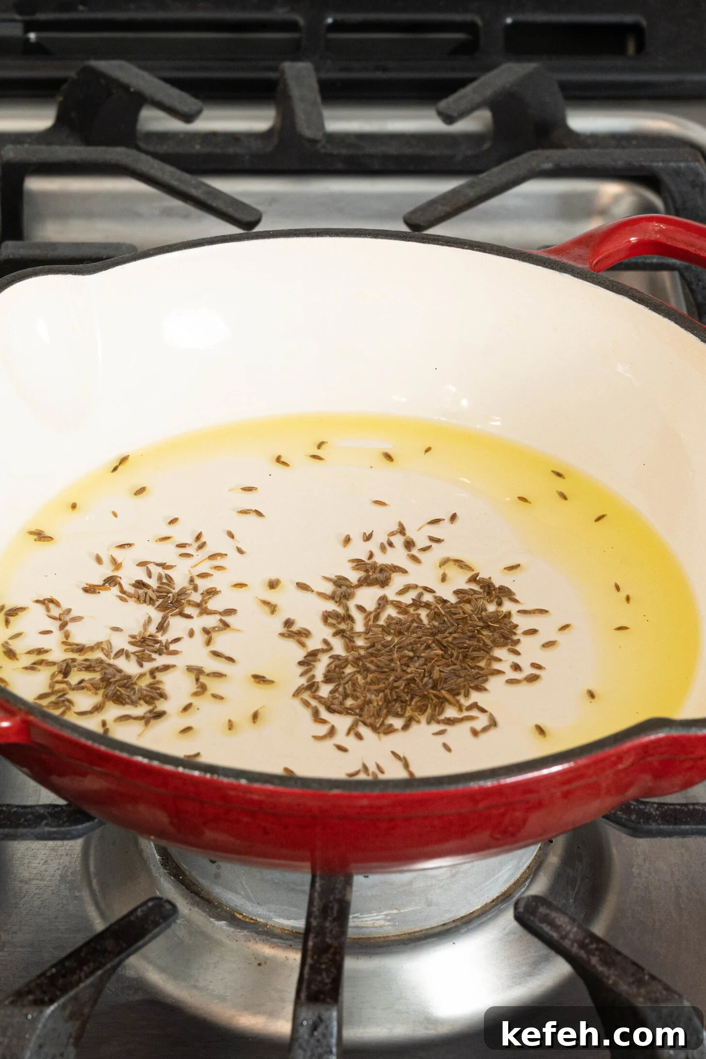 cumin seeds with oil in a pan on a stovetop