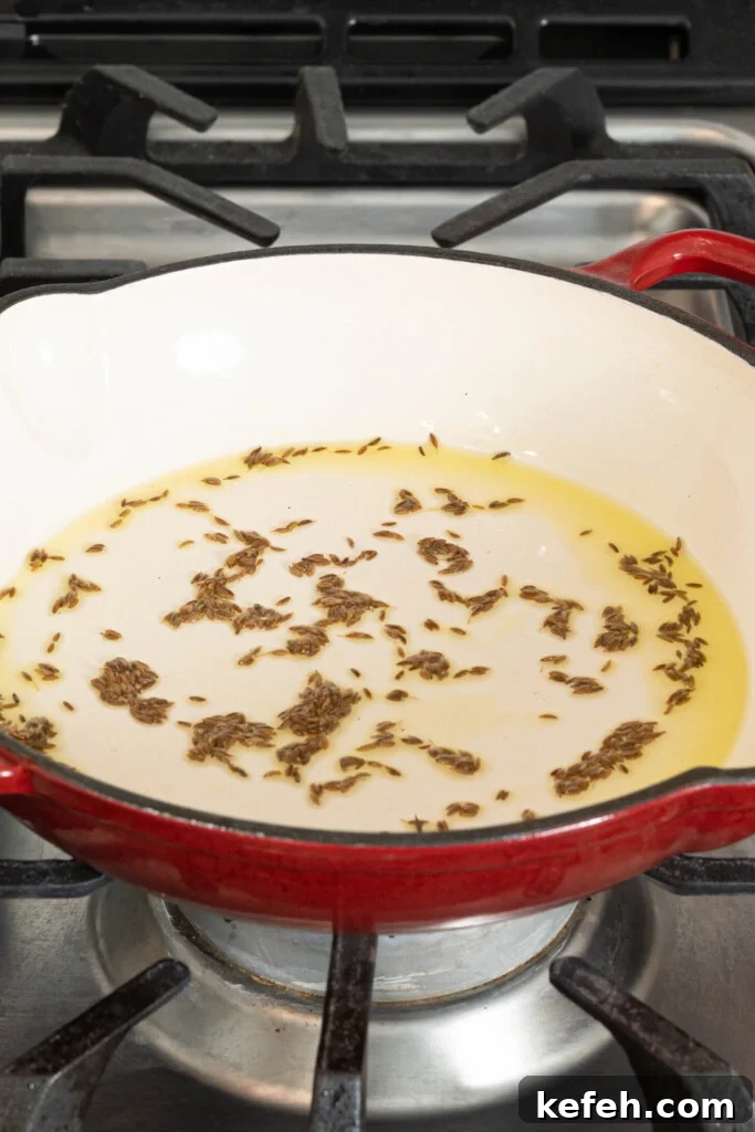 cumin seeds with oil in a pan on a stovetop