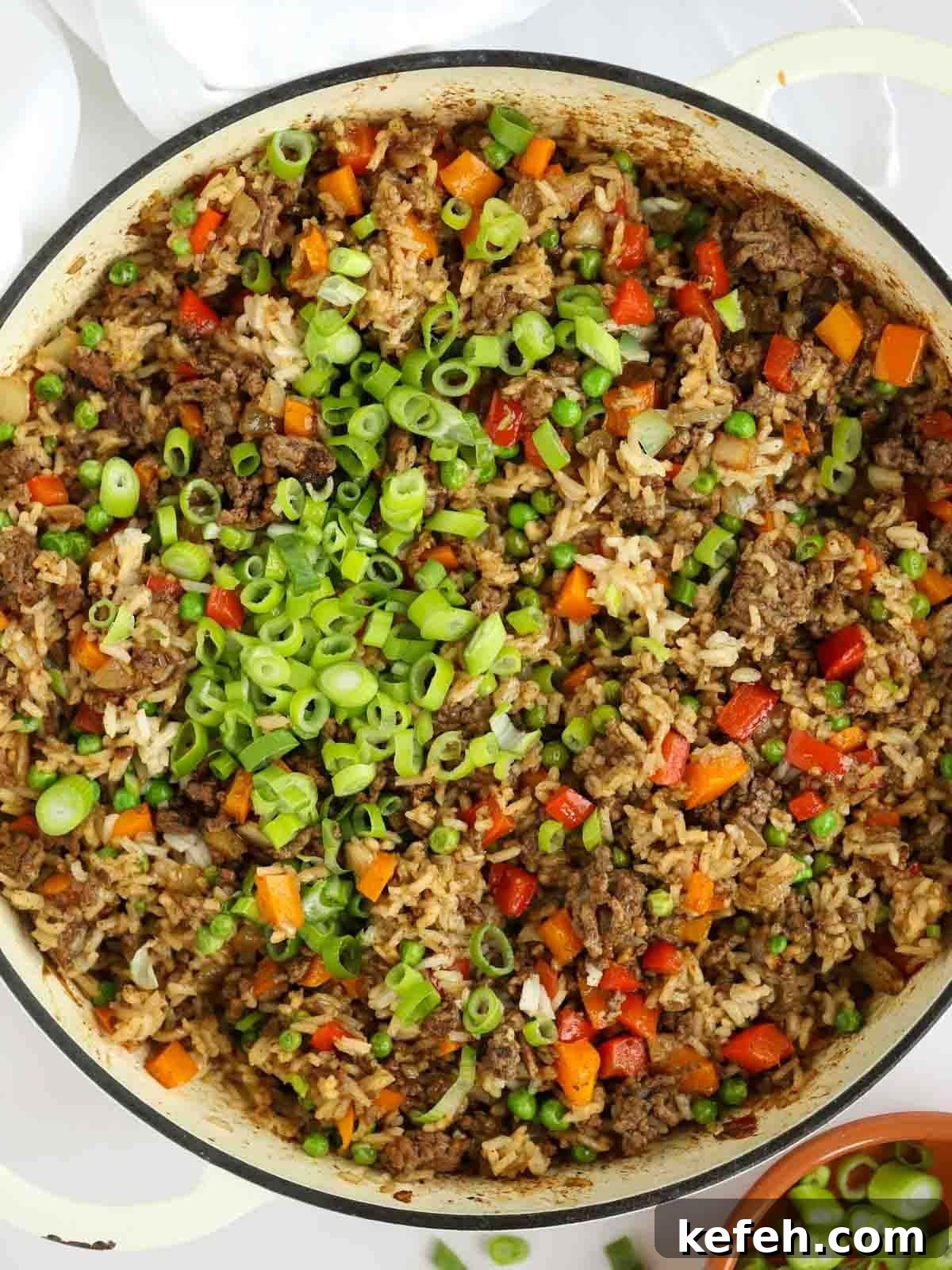A big bowl full of beef fried rice, with peppers, onions and beef mince.