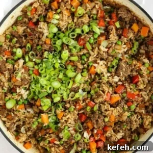 Rice, beef mince and vegetables mixed together for Beef Fried Rice dish.