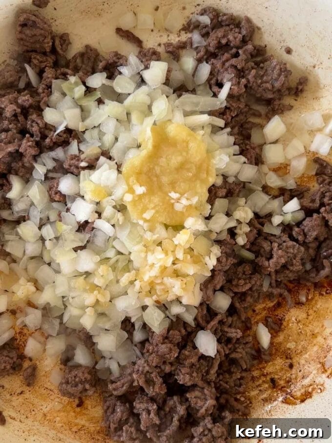 Beef mince, onion and garlic in a pan for the first step in the recipe for Beef Fried Rice.