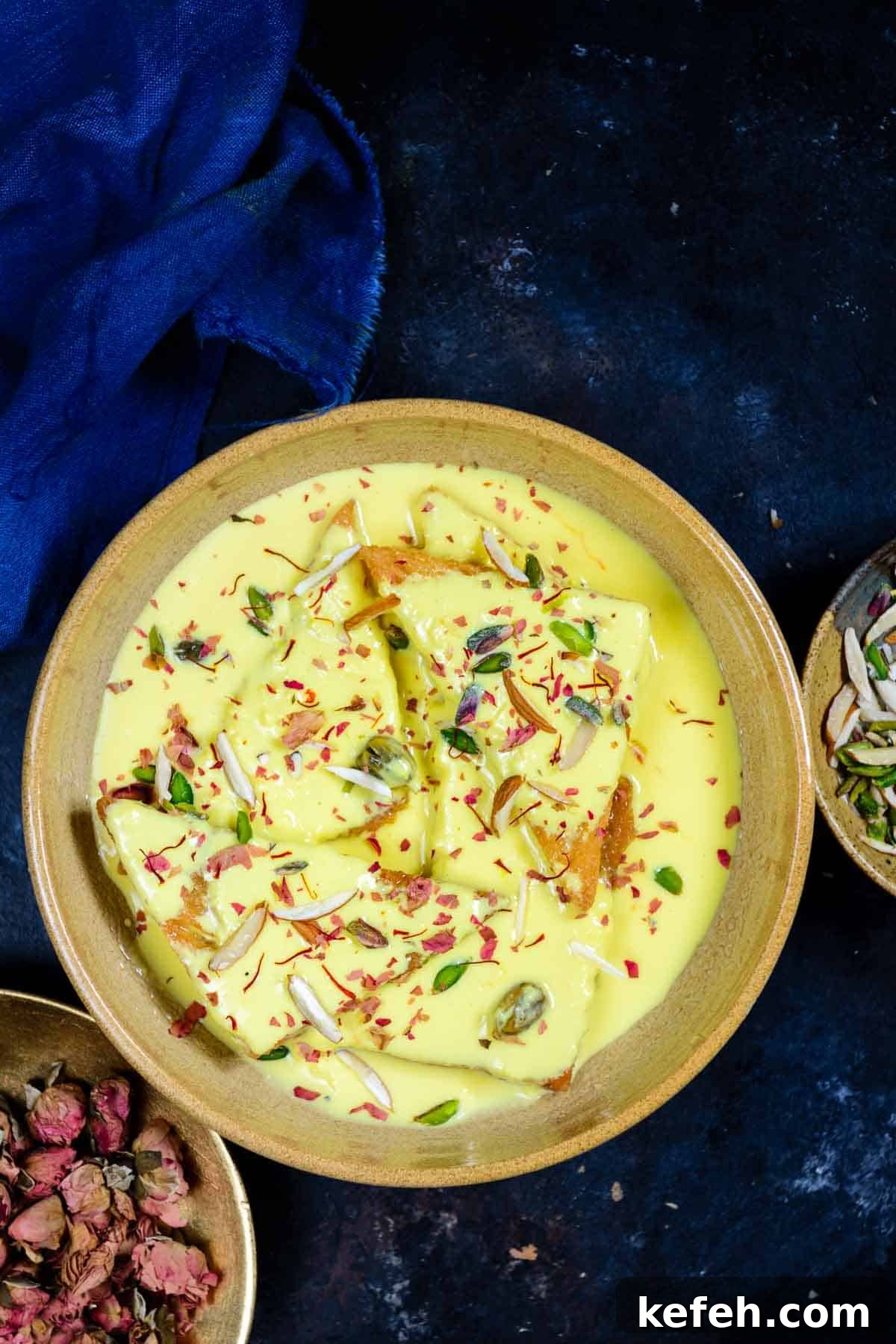 A bowl of Mughlai shahi tukda, an Indian dessert, featuring fried sugar syrup soaked bread slices topped with yellow saffron milk, garnished with sliced almonds, pistachios, and rose petals. Nearby bowls hold dried rose petals and nuts.