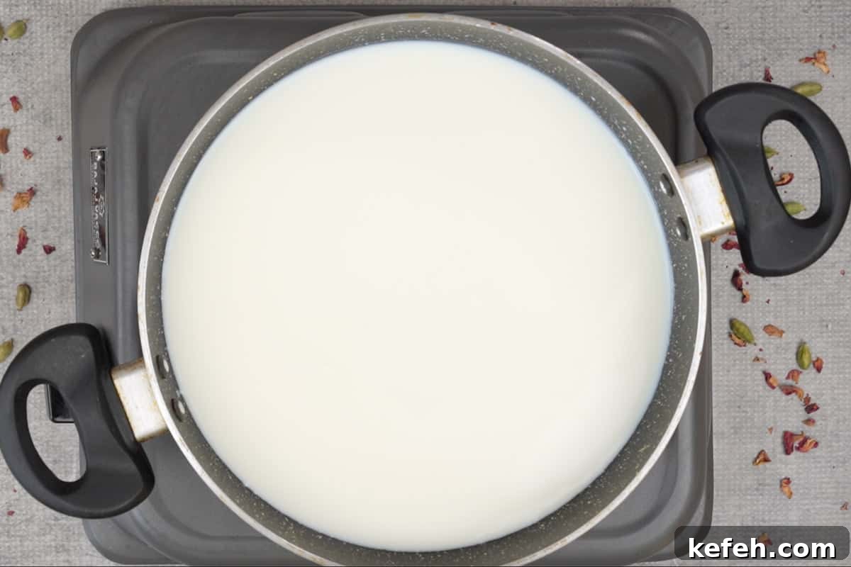 Milk heating in a pan.