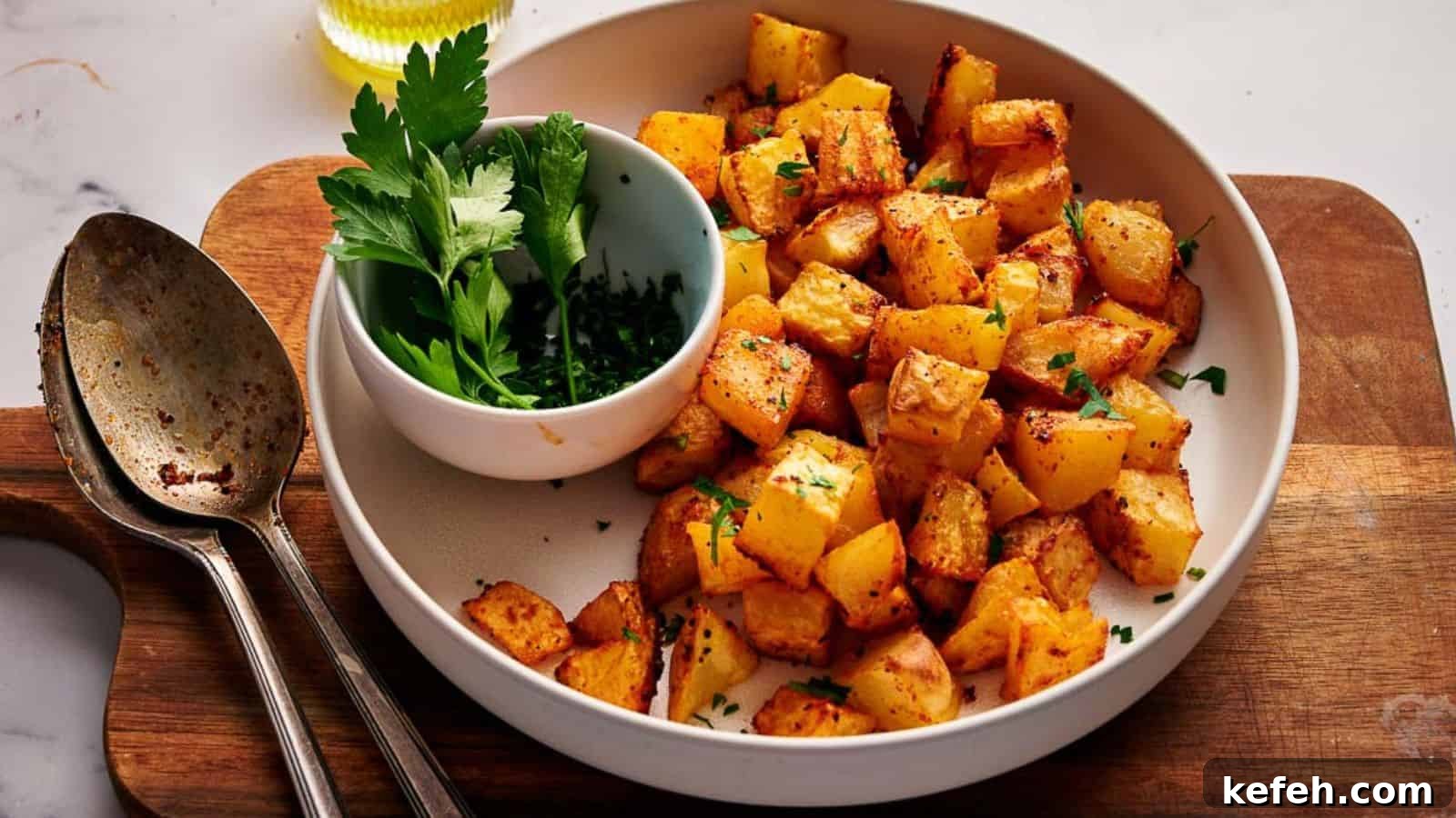 Breakfast potatoes with parsley on a wooden cutting board.