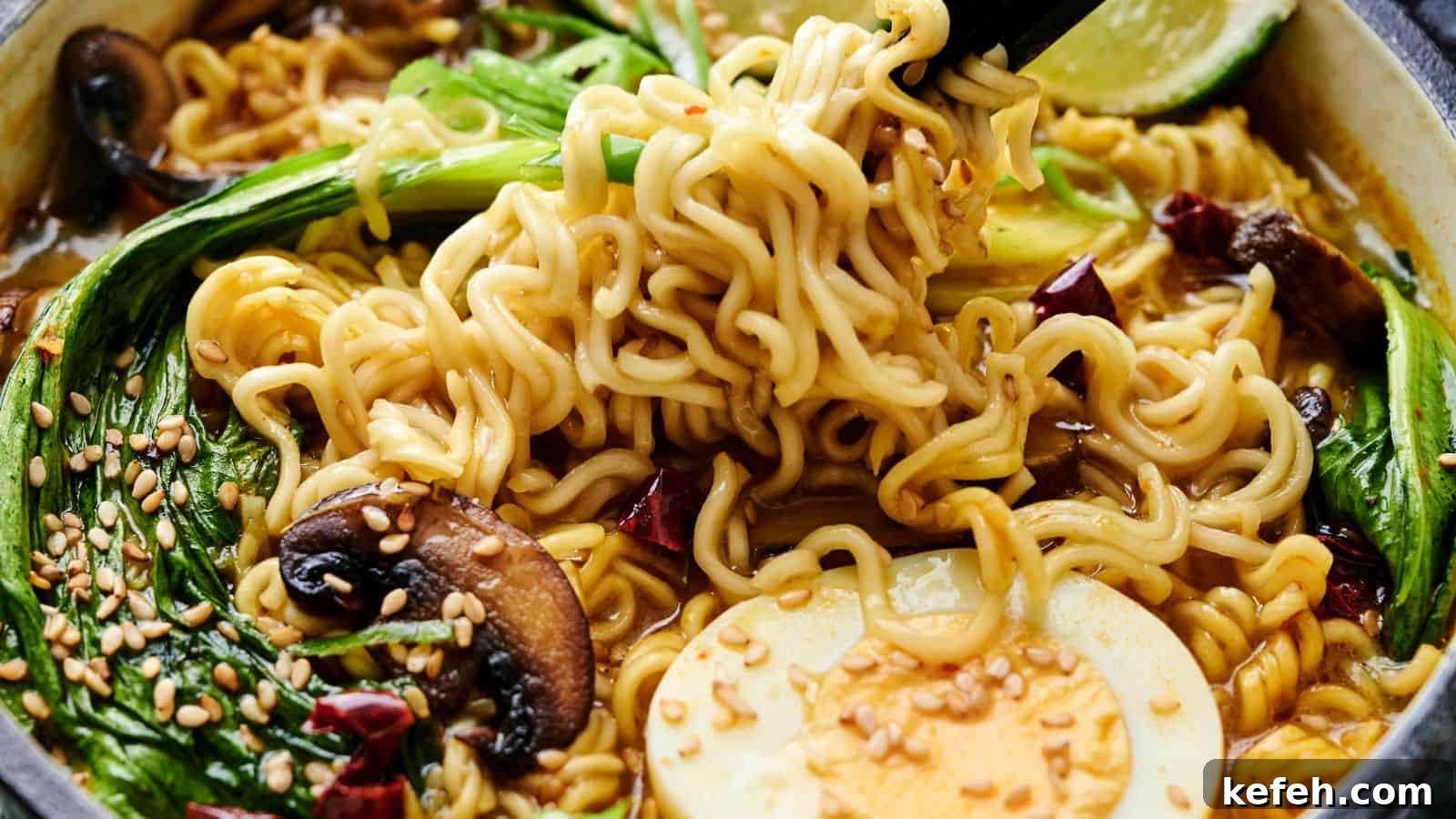 Close-up of a bowl of ramen with noodles, bok choy, mushrooms, half a boiled egg, sesame seeds, and lime, garnished with chili slices. Black chopsticks hold some noodles above the bowl.