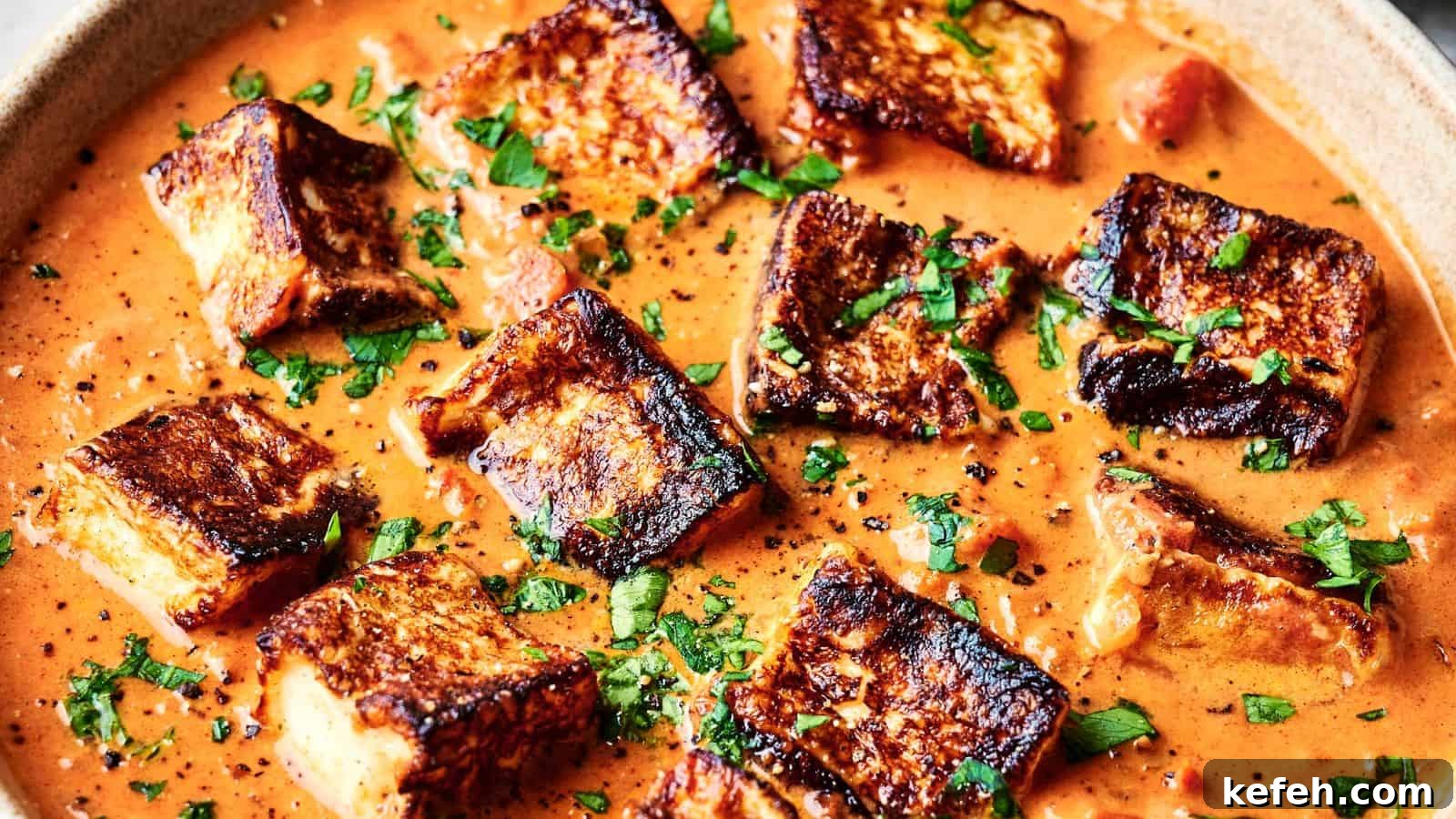 A dish of grilled paneer cubes in a rich, orange curry sauce, garnished with chopped cilantro, served in a shallow bowl.