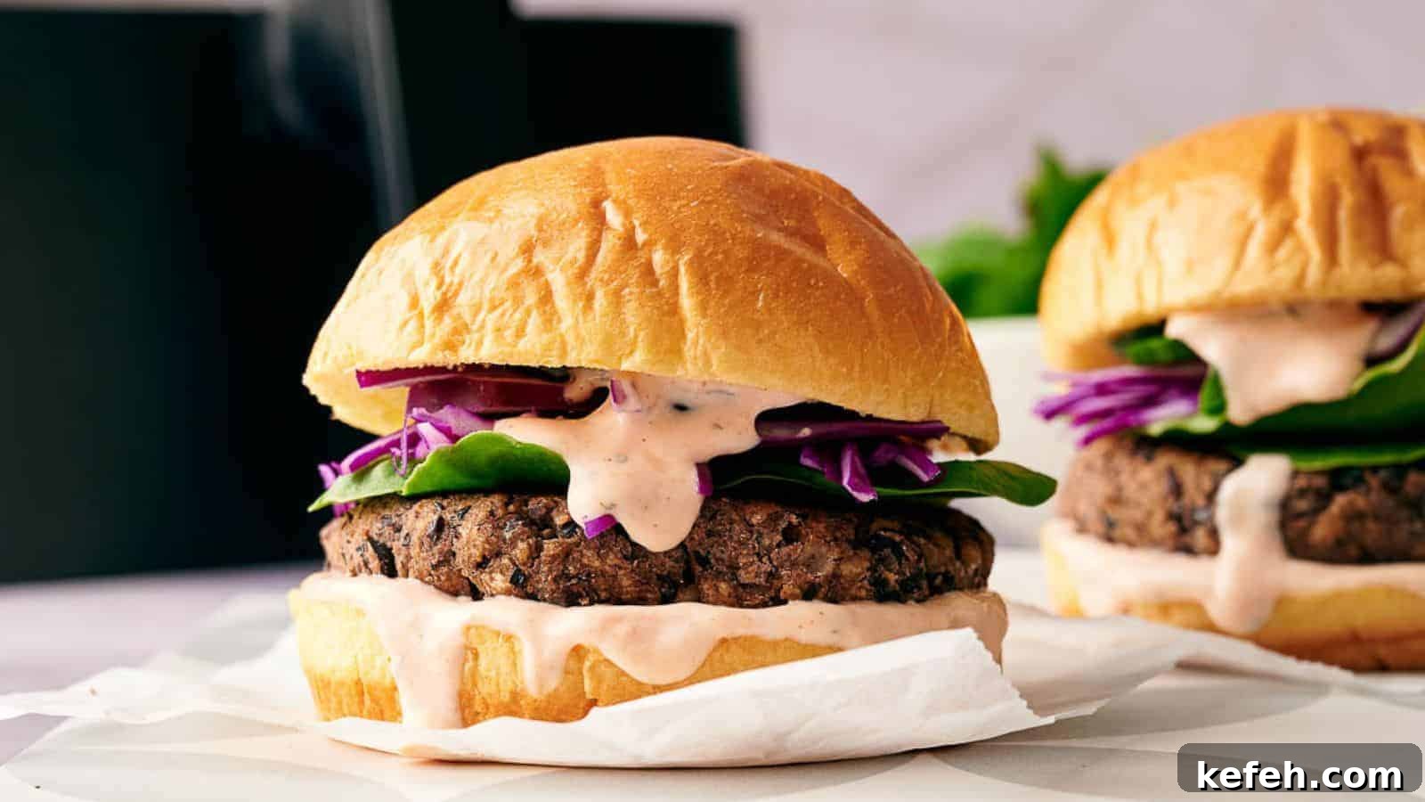 A black bean burger in a burger bap with relish oozing out over it.