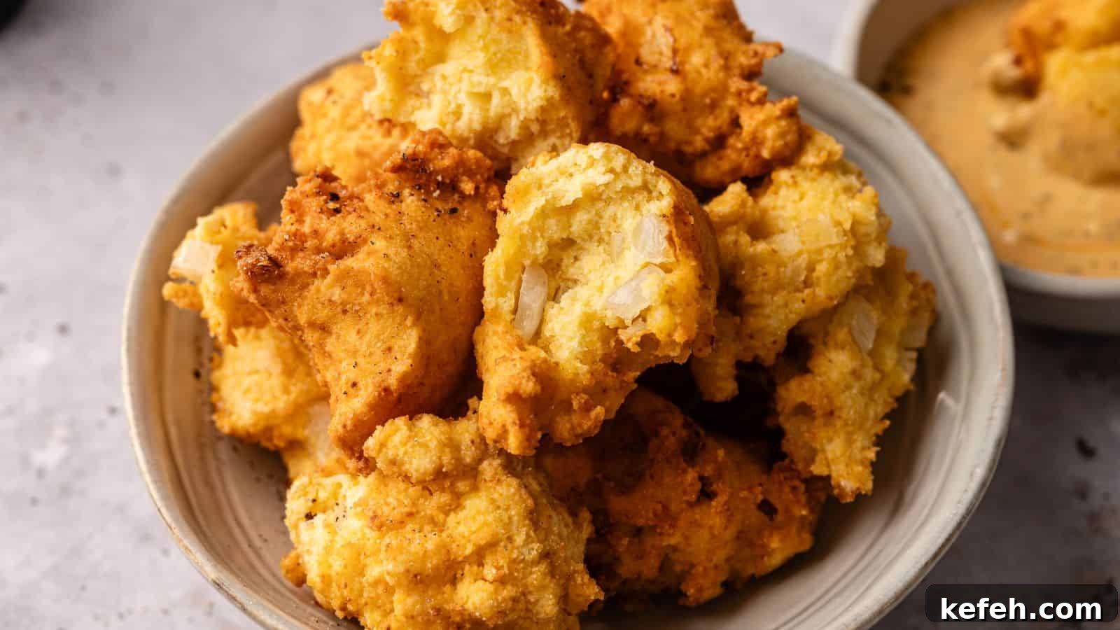 A bowl filled with golden, crispy hush puppies, some with visible onions, sits next to a small dish of dipping sauce.