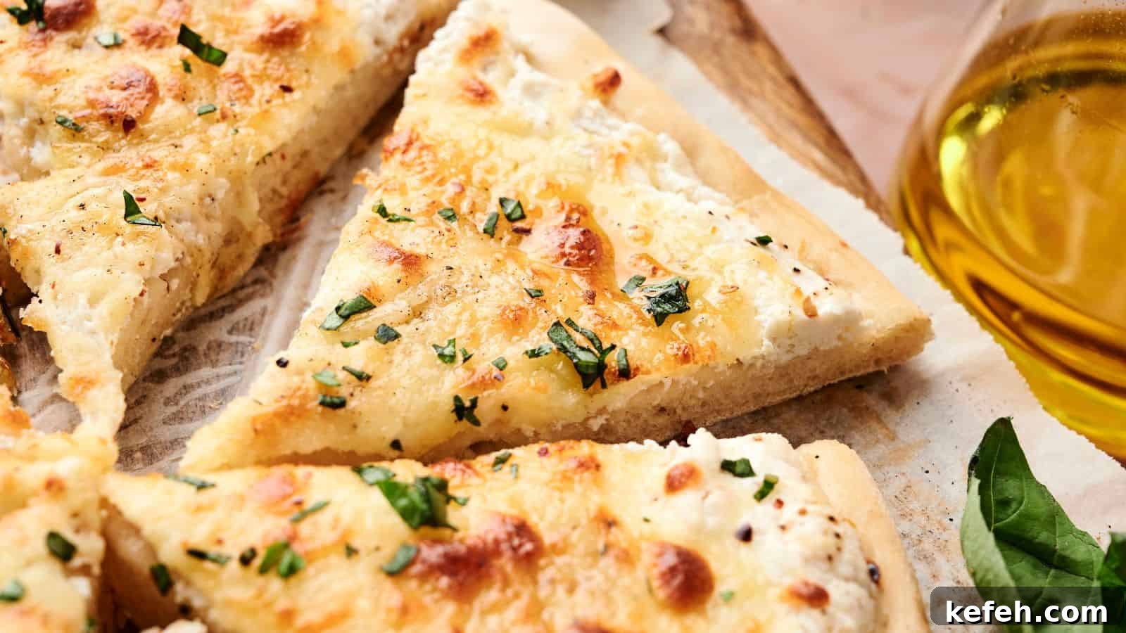 Close-up of sliced white pizza with melted cheese, fresh herbs, and a golden crust, served on parchment paper next to a glass container of olive oil.