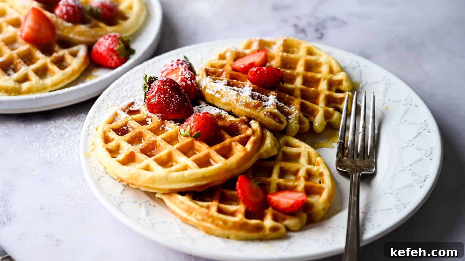 Freshly made waffles on a plate with strawberries.