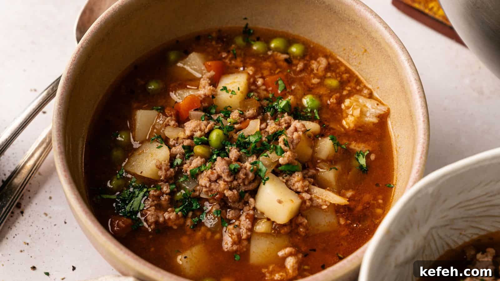 A bowl of ground meat stew with potatoes, peas, carrots, and herbs in a rich broth, garnished with chopped parsley.