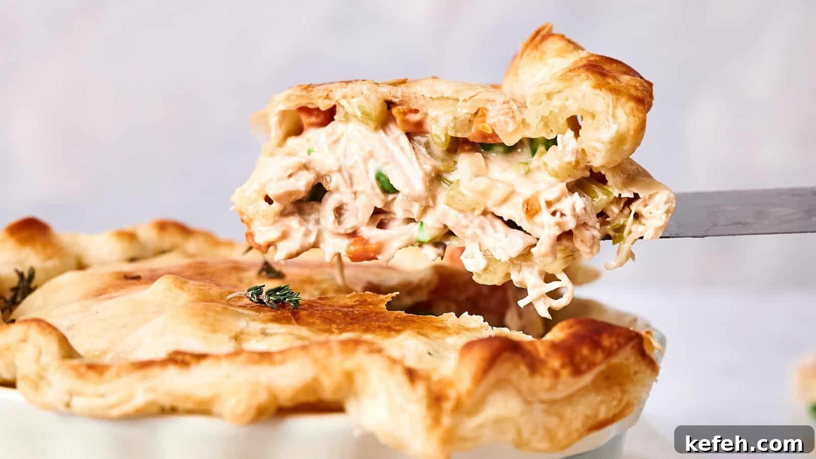 A slice of chicken pot pie being lifted, showing its creamy filling with chunks of chicken and vegetables, garnished with thyme.