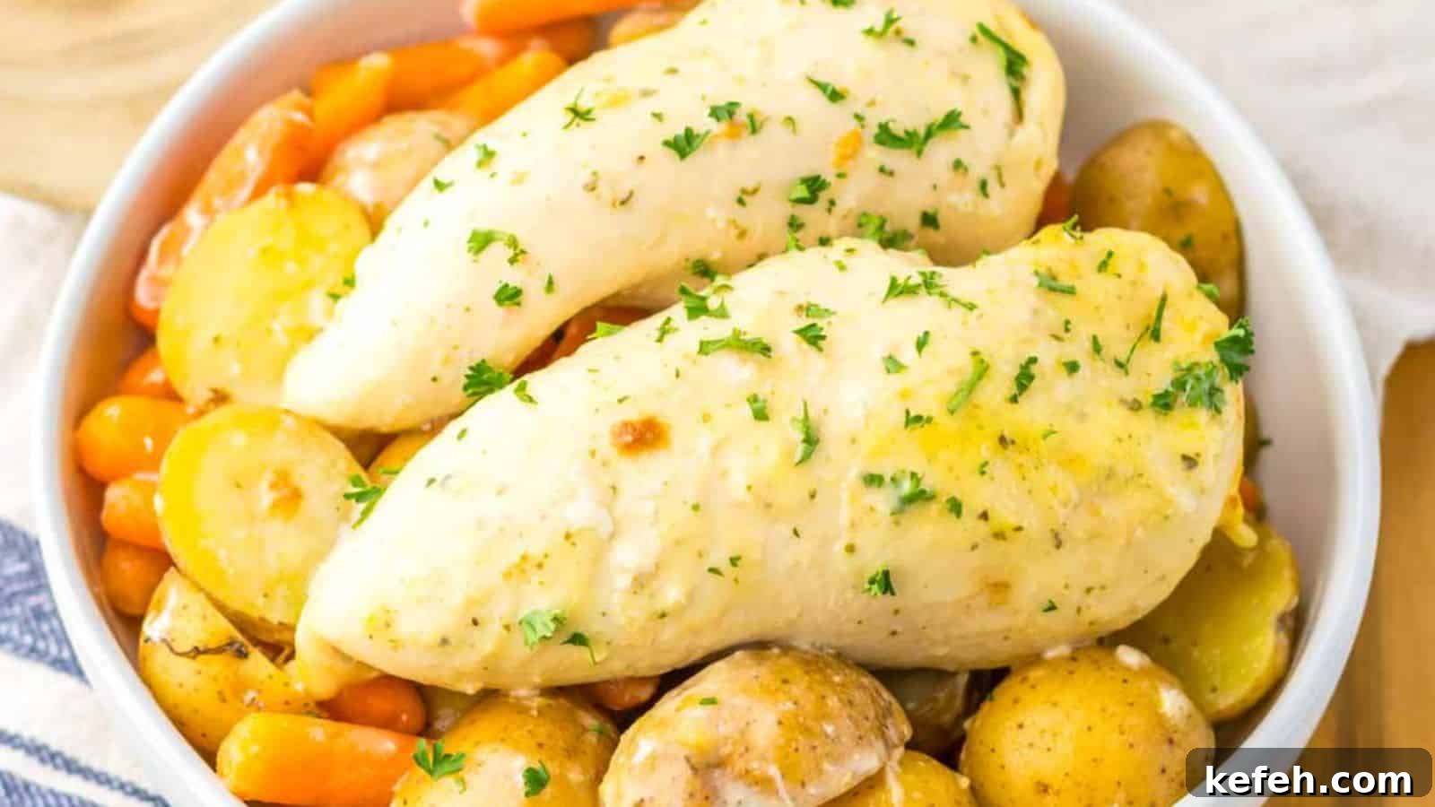 A dish of seasoned chicken breasts garnished with parsley, surrounded by carrots and potatoes in a bowl.