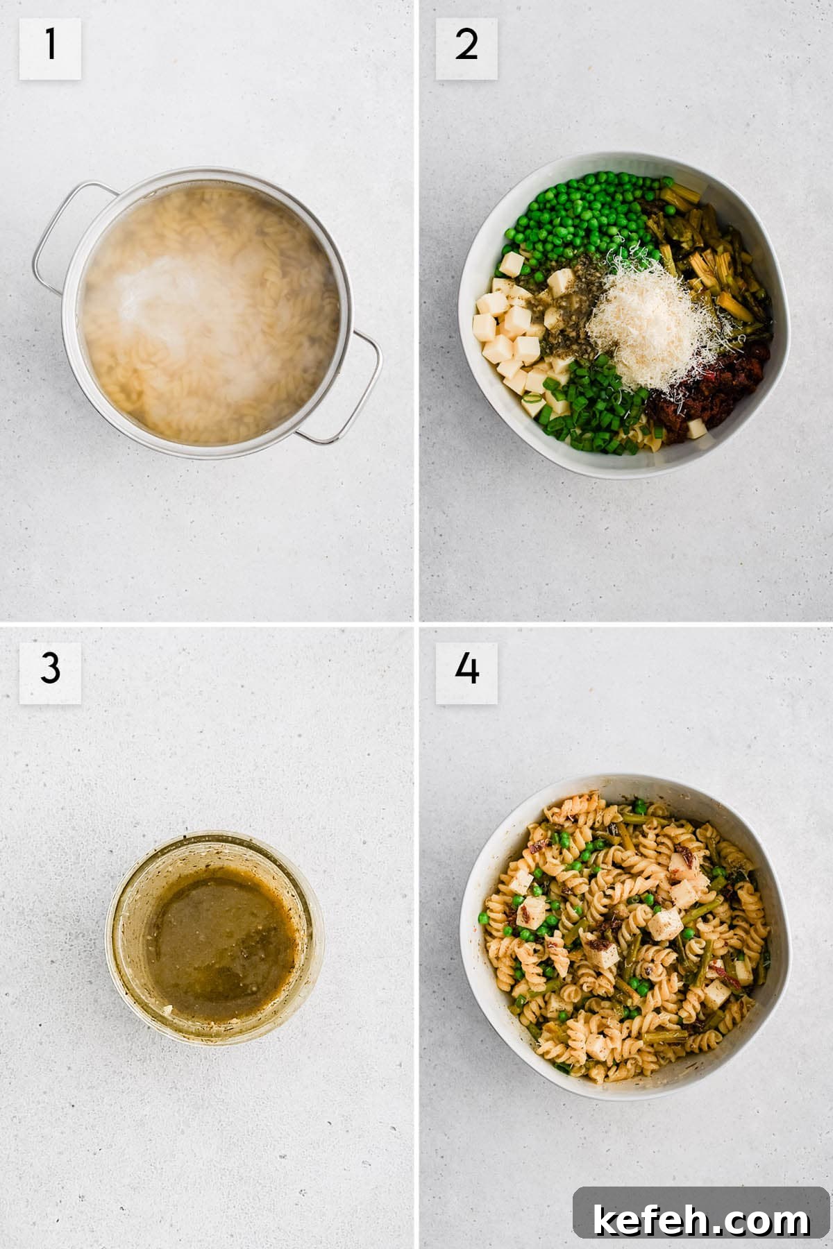 Roasted Asparagus Pasta Salad with Lemon Garlic Vinaigrette 3 four panel collage image showing how to make pasta salad