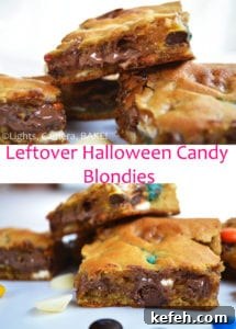 Halloween Candy Blondies Recipe with Leftover Treats (Video) 5 Leftover Halloween Candy Blondies. These are ooey gooey blondies packed full of different candies and confectionary. Perfect for leftover Halloween candy or just a chocolate lovers dream! #halloweenrecipe #leeftovercandyrecipe #candybarblondies