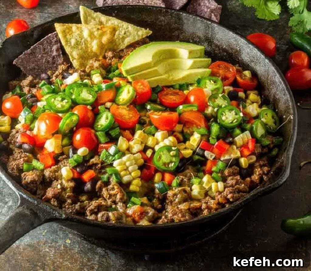 Crave-Worthy Quick Nachos: Customizable Recipes for Any Meal 5 Top-down image of loaded healthy nachos with fresh jalapeños, corn, cherry tomatoes, red bell peppers, and black beans in a skillet, garnished with avocado and tortilla chips.